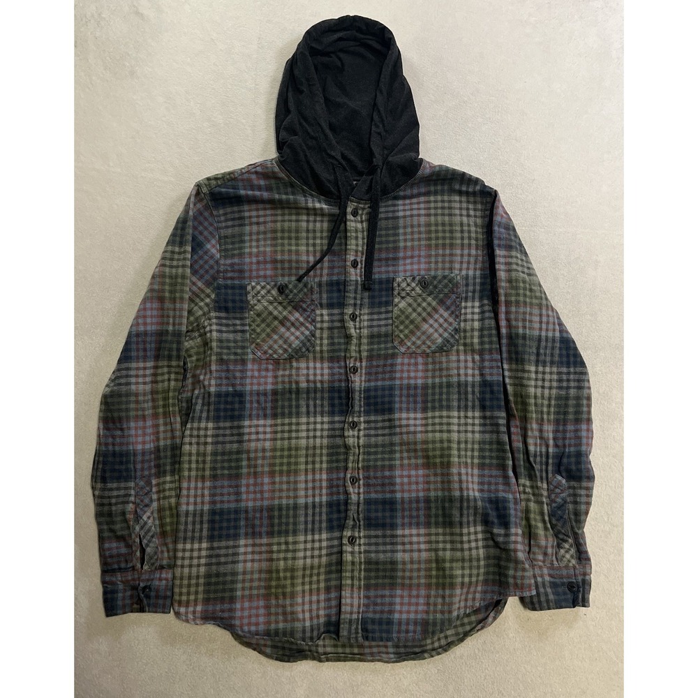 Unionbay Flannel Shirt Hoodie Men's Size Large Plaid Button Up Long Sleeve Y2K